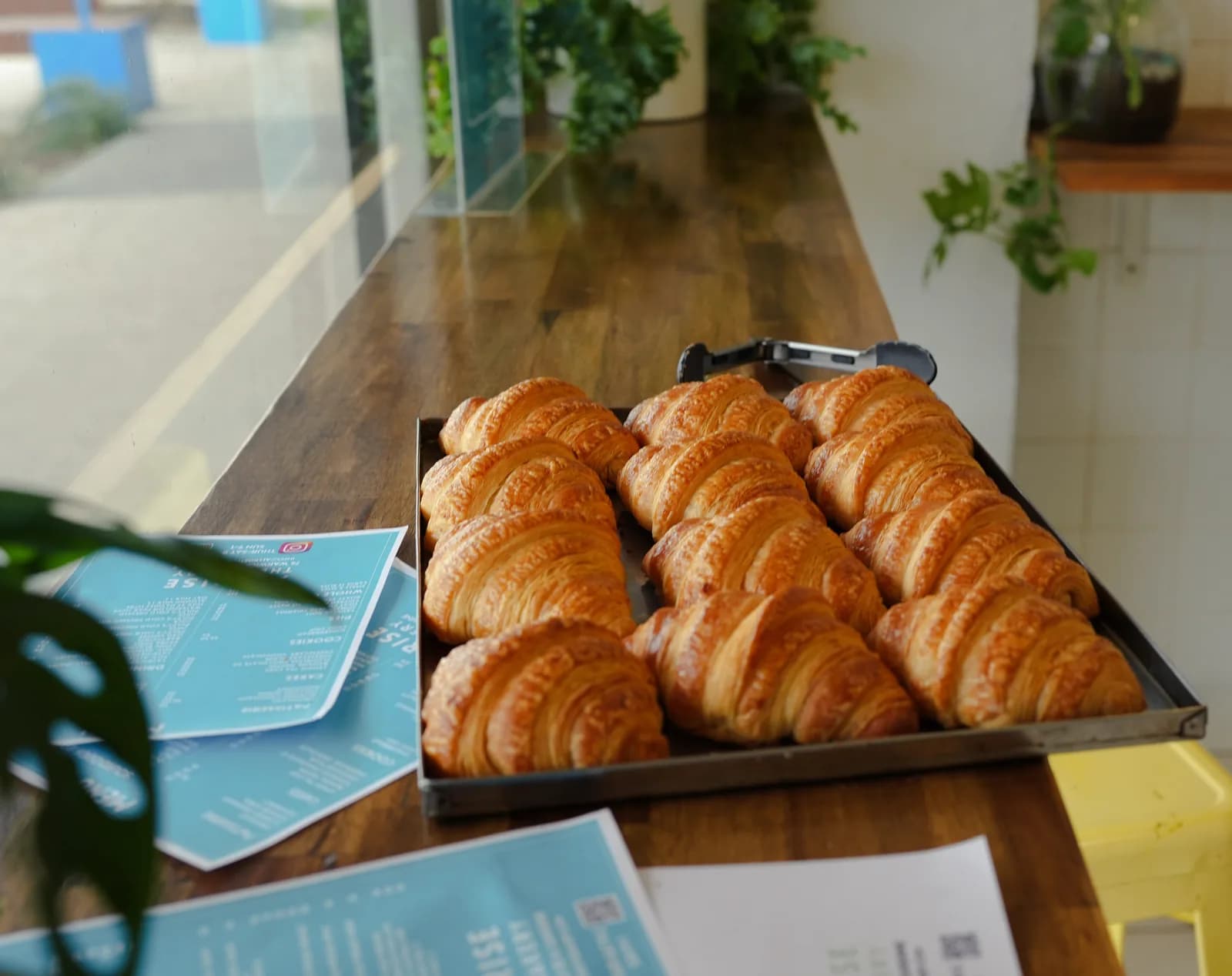 Tray of croissants displayed on a café counter beside a window